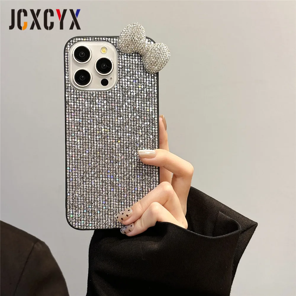 Custodia IPhone 14 Pro Max Con Fiocco 3D E Diamanti, Design Ondulato Riccio, Morbida Antiurto, Trasparente, Rosa - copertina