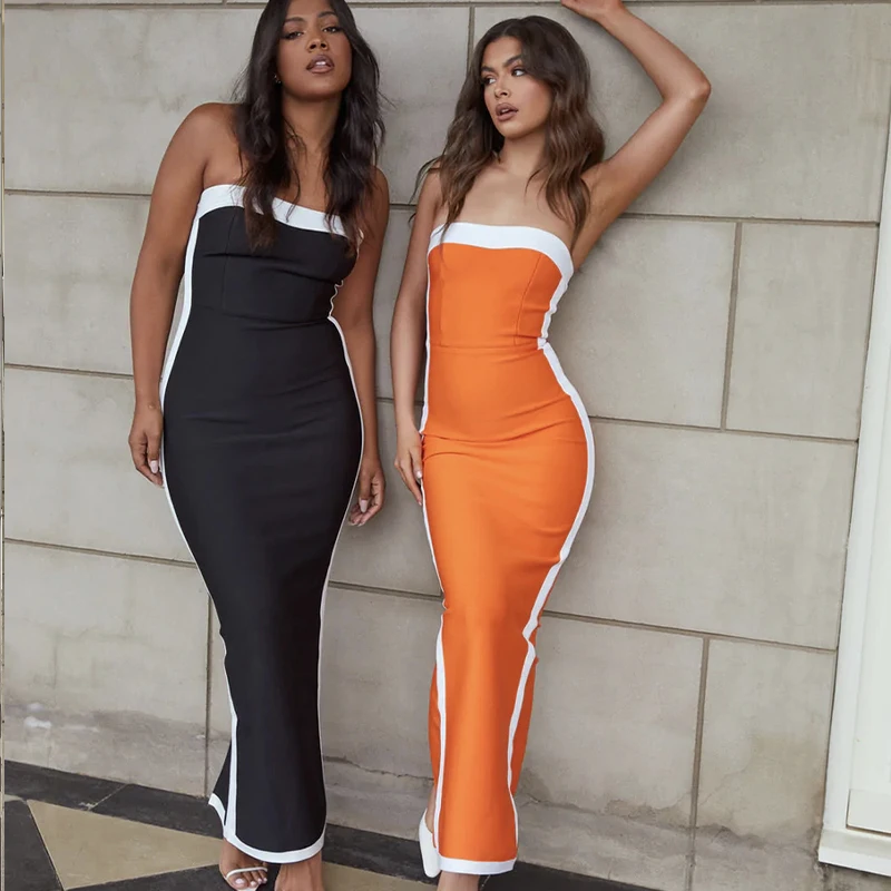 Black Pink Color Women Sexy Strapless Shinning Sequins Bodycon Bandage Long Dress Celebrate Fashion Birthday Party Outfit