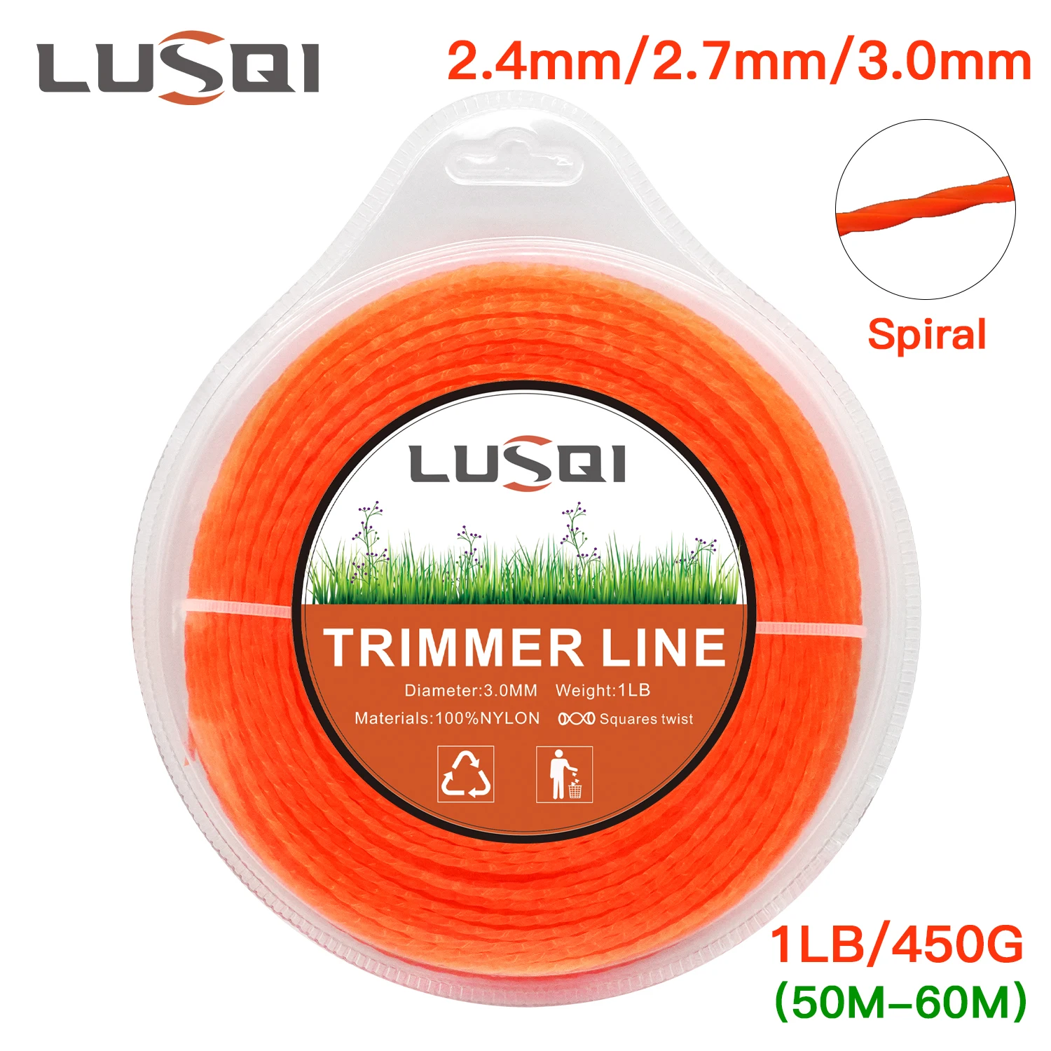 

LUSQI 1LB*2.4mm/2.7mm/3mm Grass Trimmer Line Nylon Spiral Brush Cutter Rope Lawn Mower Head Accessory