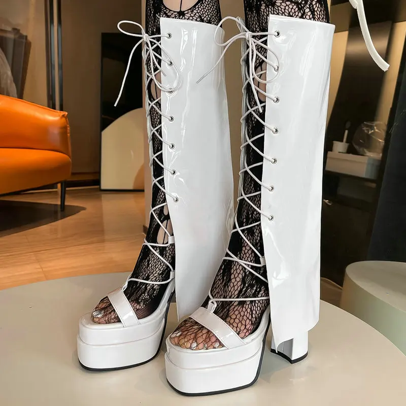 

Open Toe Lace-up PU Patent Leather Punk Goth Knee High Boots Club Stripper Block Heels Platform High Heeled Women Sandals Boots