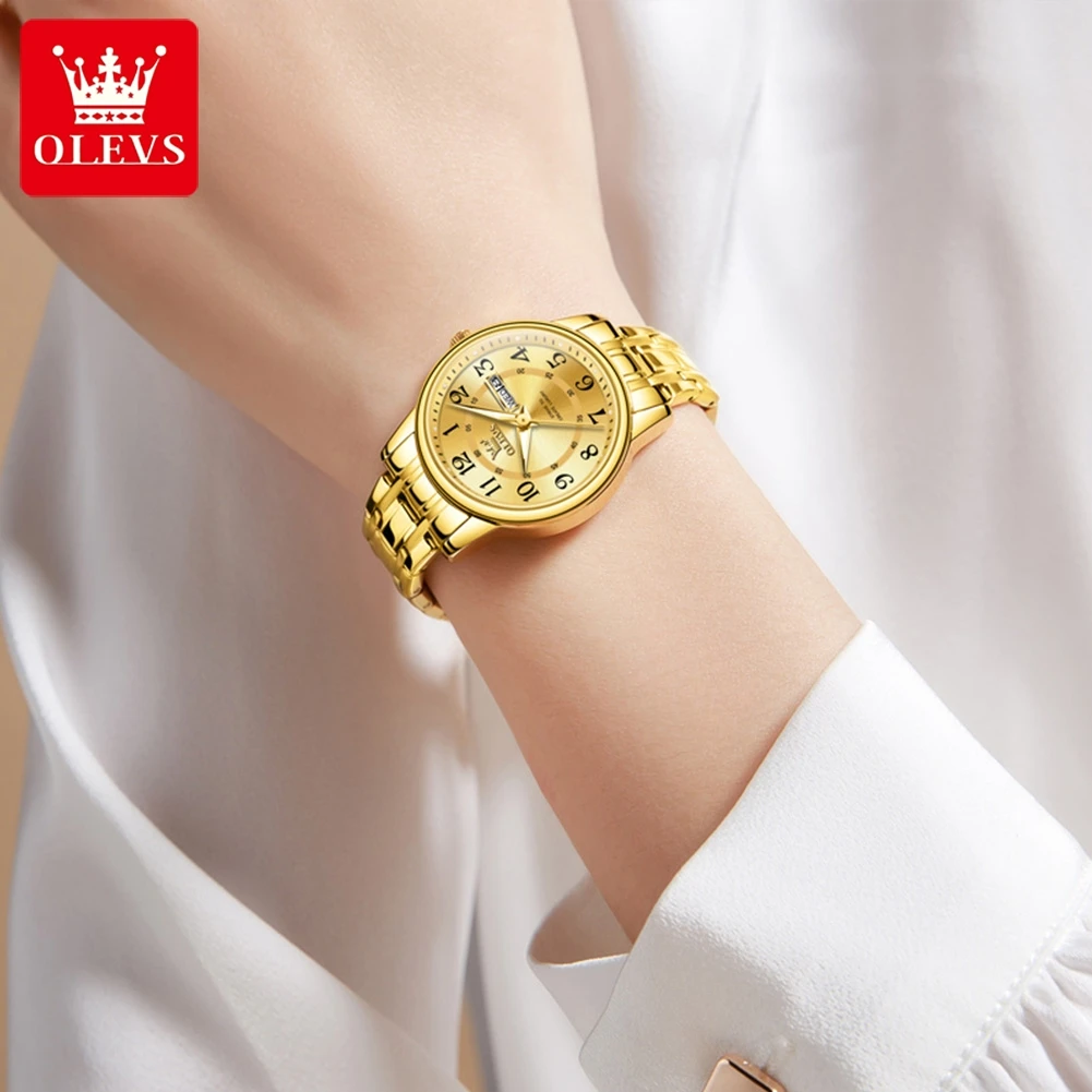 Luxury Business Golden Quartz Watch for Women Numeral Scales 30M Water Resistance Calendar Luminous Fashion Ladies Wristwatches