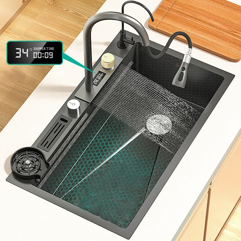 

Digital Display Embossed Waterfall Stainless Steel Large Single Sink Kitchen Household Sink Dishwasher Sink Right Side Down