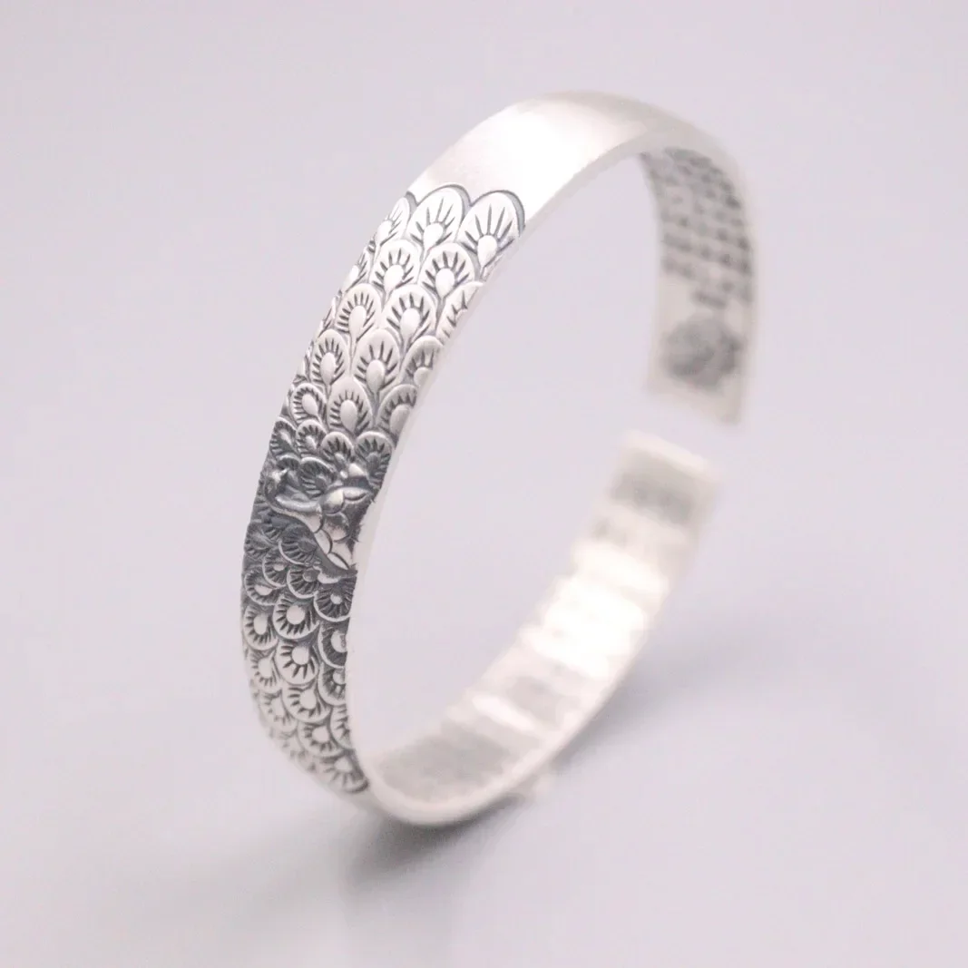 

Real 999 Silver Bangle For Women Peacock Pattern Best friend Gift Man female's Bracelet 55-60mm