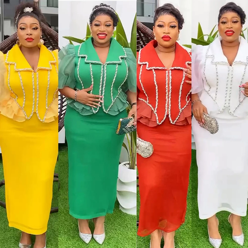 

African Wedding Party 2 Pieces Tops Skirts for Women 2024 Elegant Luxury Evening Dashiki Ankara Plus Size Outfit Africa Clothing
