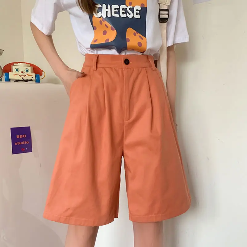 Soft Pleated Shorts Women’s Japan Simple Summer Knee Length Trousers College Teens Unisex Vintage High Rise Waist Loose Plus size womens Japanese Clothing for Woman in Orange