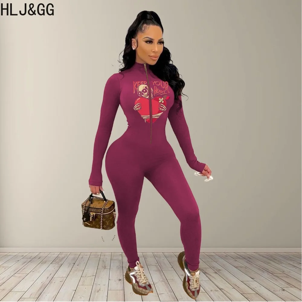 HLJ&GG Sexy Pattern Printing Bodycon Jumpsuits Women Zipper Long Sleeve Skinny Pants One Piece Playsuits Casual Sporty Overalls