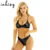 2Pcs Women Faux Leather Metallic Shiny Bikini Set Halter Bra Top and Shorts Briefs Outfits Tankini Swimsuit Swimwear