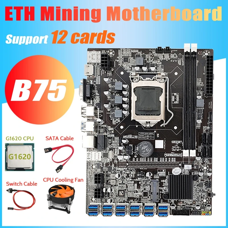 B75 ETH Mining Motherboard 12 PCIE to USB+G1620 CPU+Cooling Fan+Switch Cable+SATA Cable DDR3 MSATA LGA1155 Motherboard best budget gaming pc motherboard