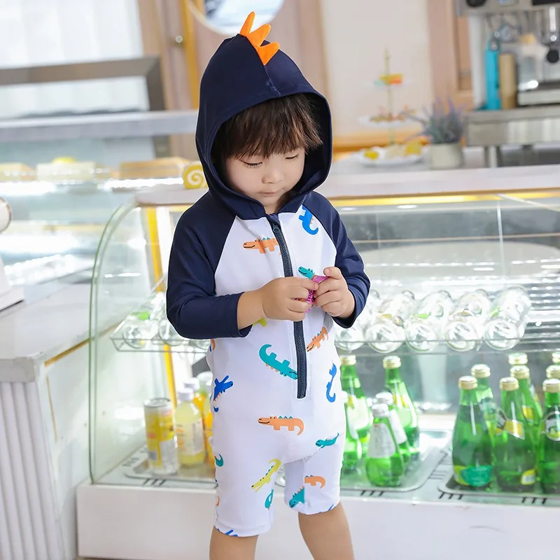Quick-Dry Baby Boys Swimwear Long Sleeve Hooded Bathing Suit Zipper One Piece Swimsuit Sun Protection Beachwear