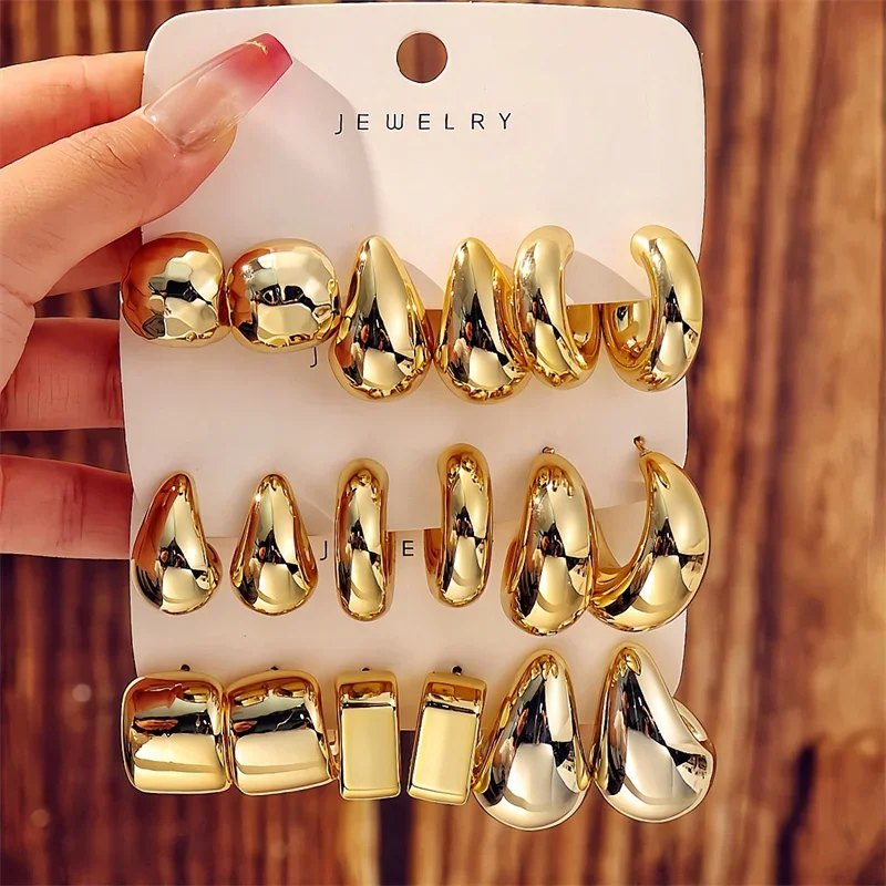 Drop Earrings Set Gold Color Twisted C Shape Tear Drop for Women Geometric Circle Jewelry Gifts
