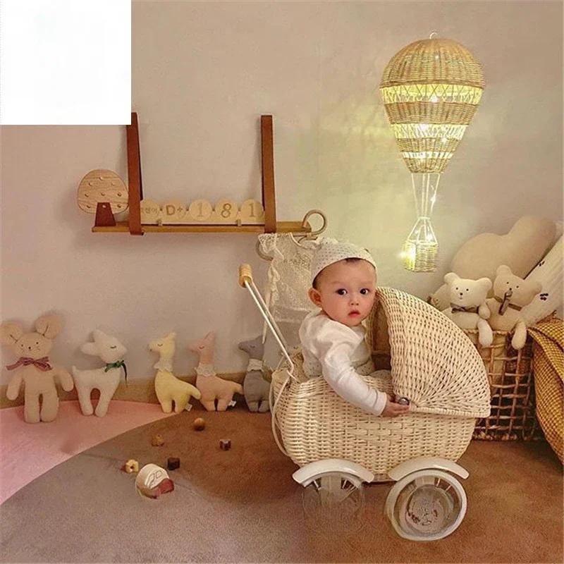 Nordic Rattan Hand-Pushed Walker Baby Hand-Held Walking Four-Wheel Toy Children's Room Decoration Photo Props
