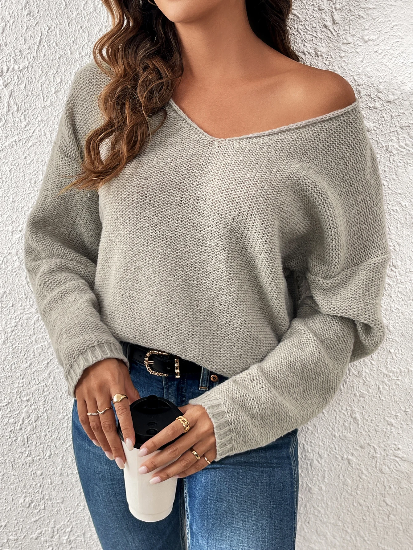 Autumn and winter ladies V-neck solid color loose leisure languid wind long sleeve knit sweater bottom sweater 5