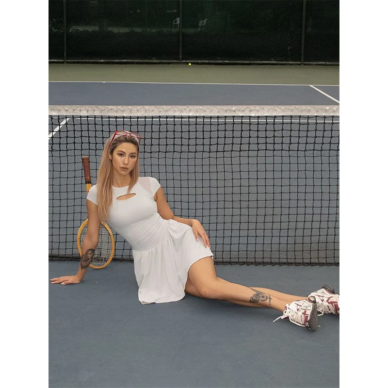 FUBEIKE Summer Dresses Tennis Dress Women's Golf Wear Sexy Backless Round Neck Waist Trimming Slim Fit Skirt Short Dresses