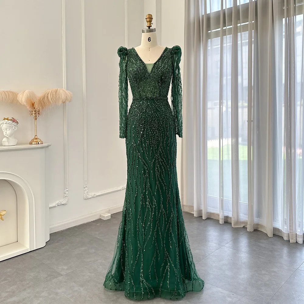 Sharon Said Navy Blue Mermaid Evening Dress for Women Wedding Elegant Emerald Green Long Sleeves Arabic Formal Party Gowns SS099