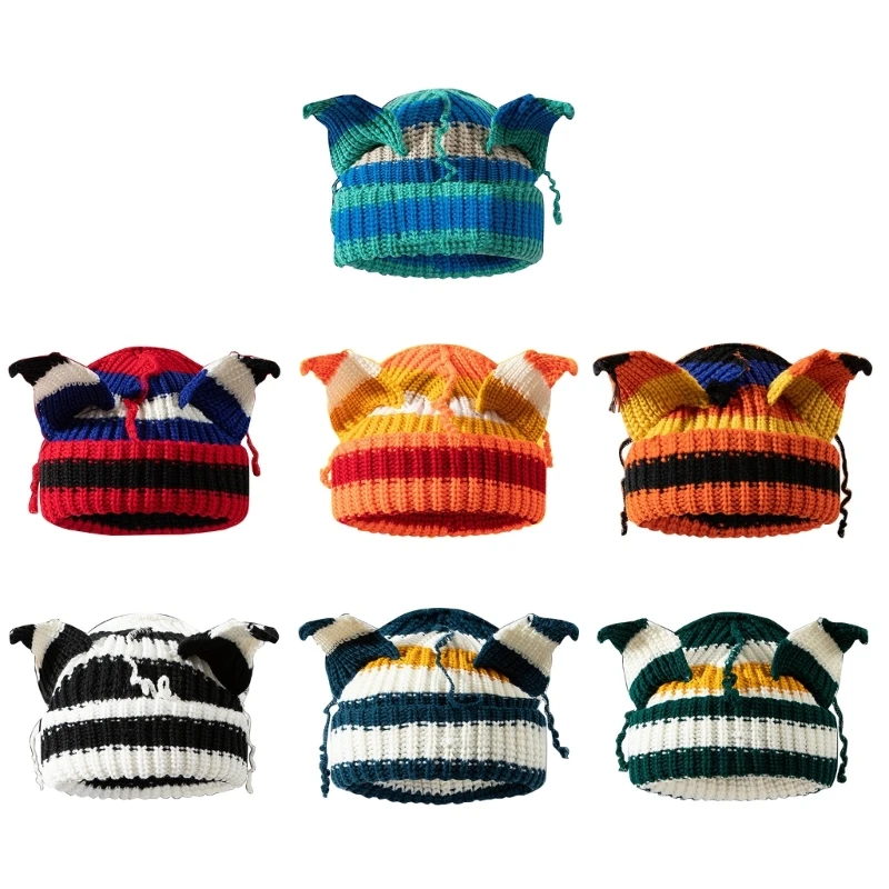

Knitted Stripe Beanie Hat for Women Y2K Cat Ear Hat Crochet Woolen Yarn Girl Hat Fashion Winter Hat Teens Headwear