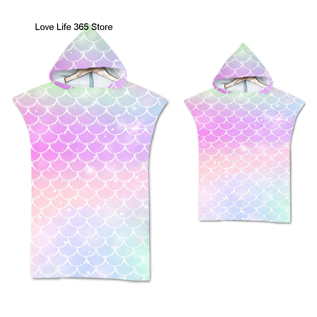 Microfiber towels quick drying towel rainbow scale microfiber beach towel quick dry hooded cloak wetsuit towels adult kids parent-child poncho bathrobe for swim surf