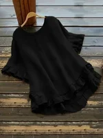 Plus Size 1XL-5XL New Women's Solid Color Casual Ladies Ruffled Hem Women's Back Button Up Top Short Sleeved Round Neck T-Shirt