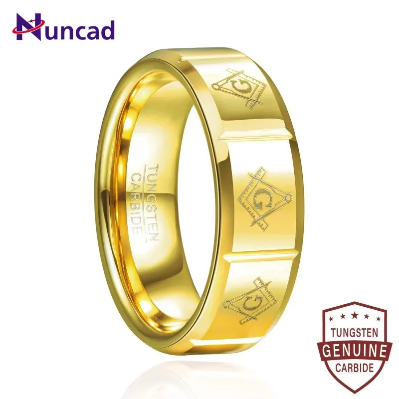 

Nuncad 8mm Electric Gold Laser Masonic Pattern Gold Tungsten Carbide Ring Men's Fashion Wedding Jewelry Size 7-12