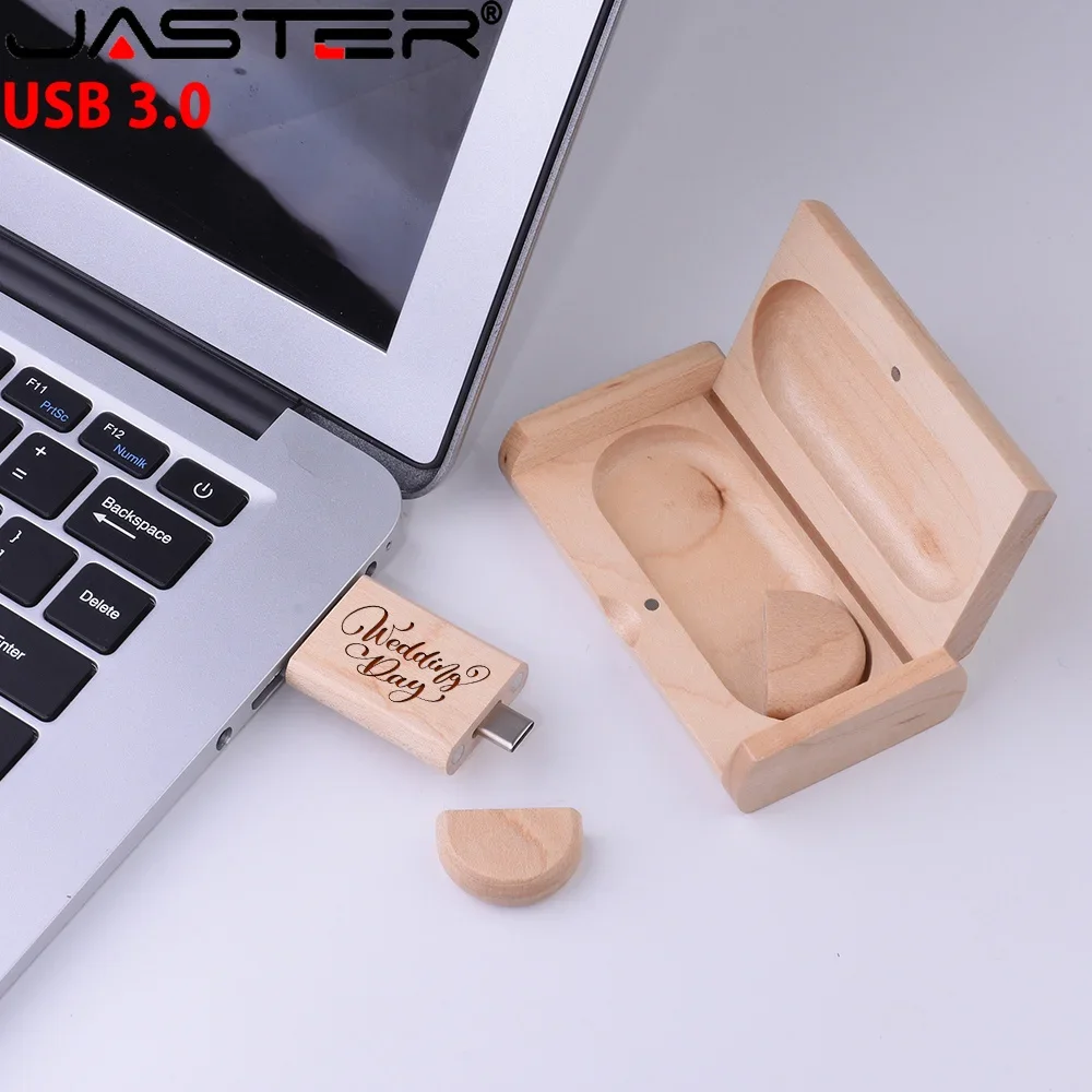 2 IN 1 TYPE-C USB 3.0 Flash Drive 128GB Free Custom Logo Pen Drive 64GB Wooden Pendant Memory Stick 32GB Creative Wedding Gift