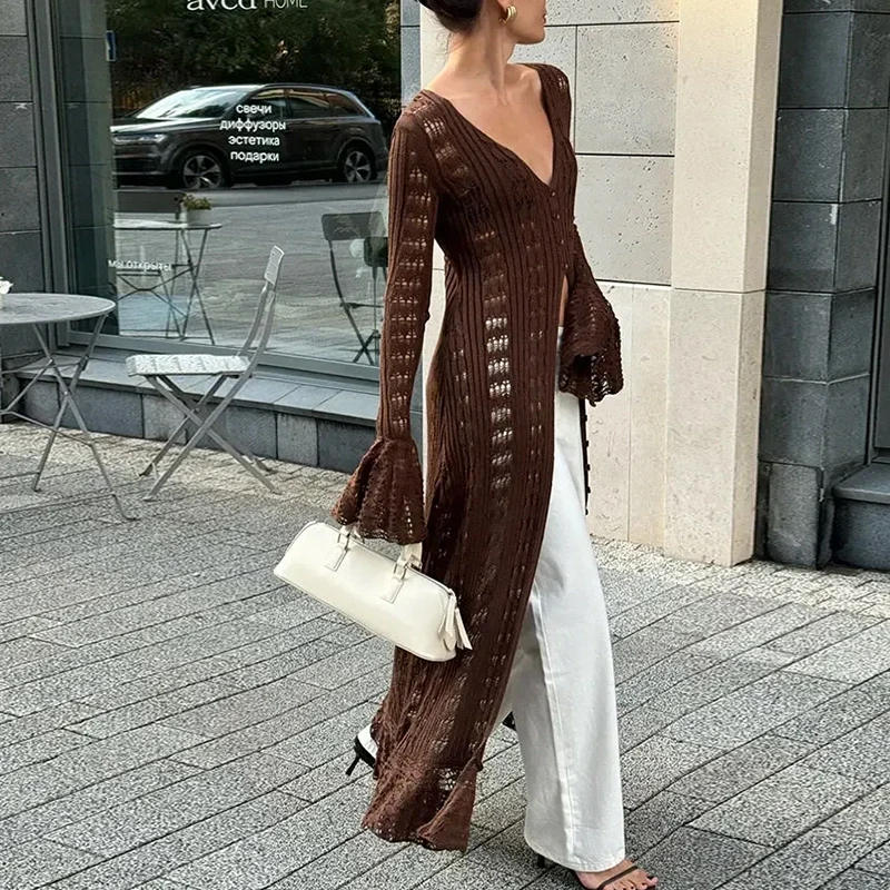 Pure Color Long Style Flare Sleeve Knit Cardigan, Fashion Casual Hollow Out Cover Up, Fitted Moderate Fabric, All Seasons Wear 1