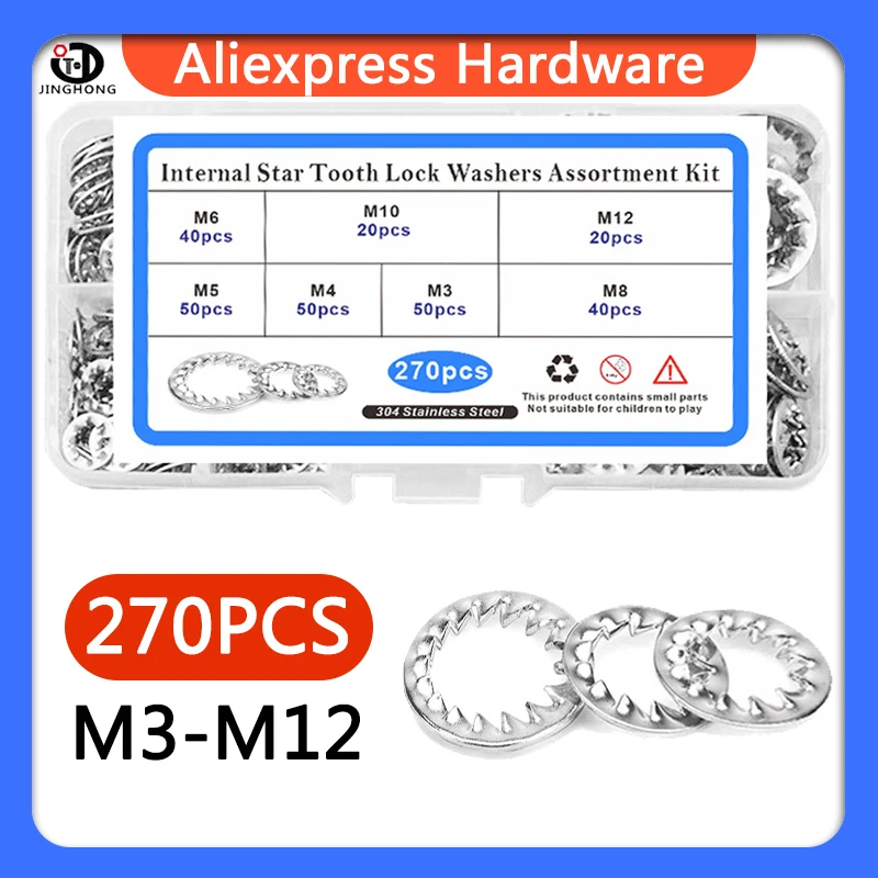 

270Pcs/set M3 M4 M5 M6 M8-M12 Mix gb861.1 304 Stainless Steel Washers External Toothed Gasket Serrated Lock Washer Kit DIN6797J