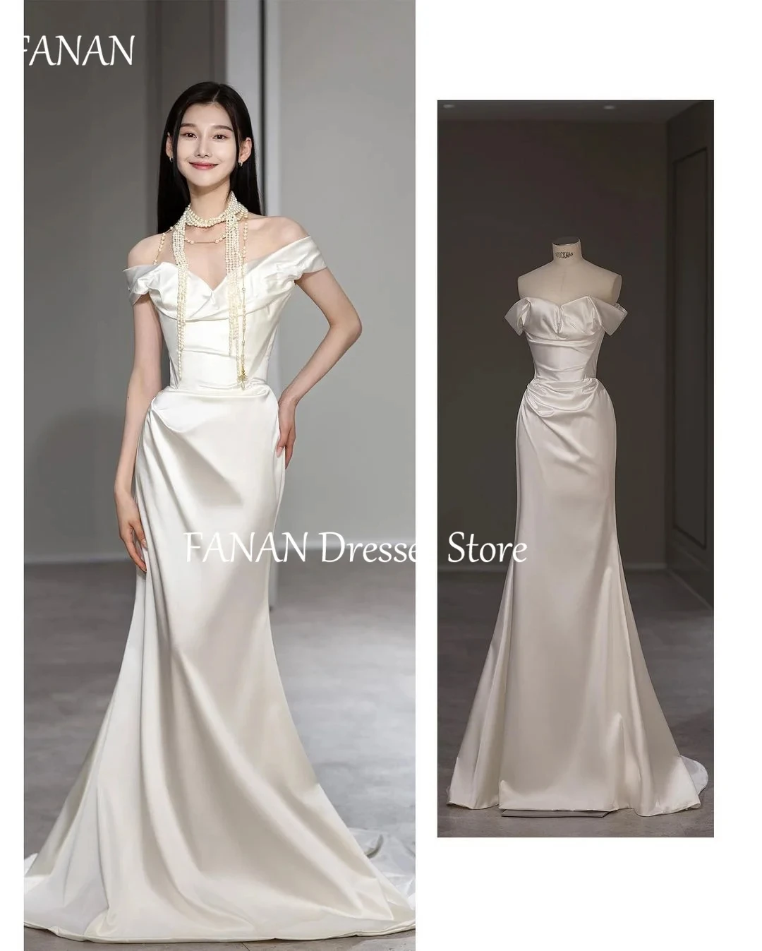 

FANAN Simple Korea Sheath Ivory Off Shoulder Wedding Dresses Silk Satin Lace-up 웨딩드레스 Ruched Custom Made Bride Gowns Plus Size