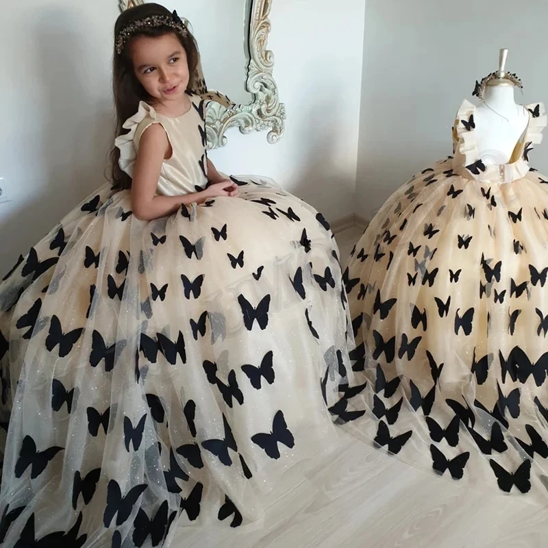 

Champagne Ball Puffy Toddler Flower Girl Dresses Pageant Black Butterflies Birthday Costumes Wedding Photography Gown Customised