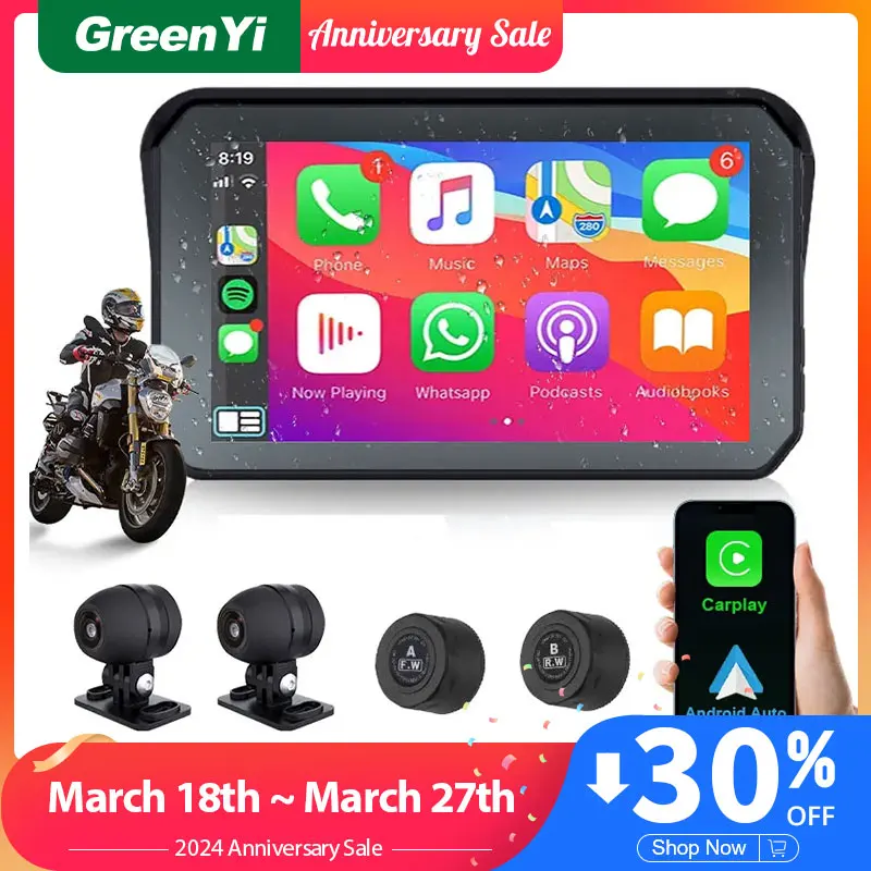

GreenYi мотоцикл Carplay Водонепроницаемый 1080P 5-дюймовый WiFi Беспроводной Android-Авто DVD монитор Dash Cam GPS навигация TPMS
