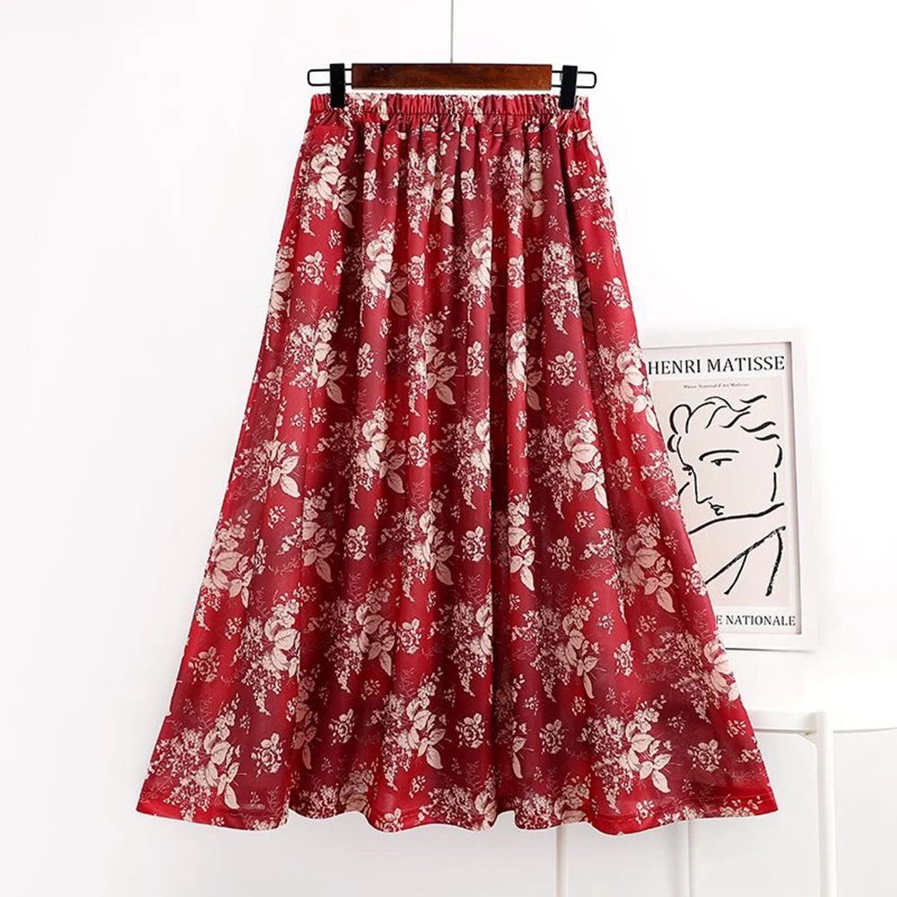 

Vintage Elegant Red Floral Print A-line Pleated Long Skirts Women Summer Retro Skirt Streetwear Elastic Waist Beach Midi Skirt
