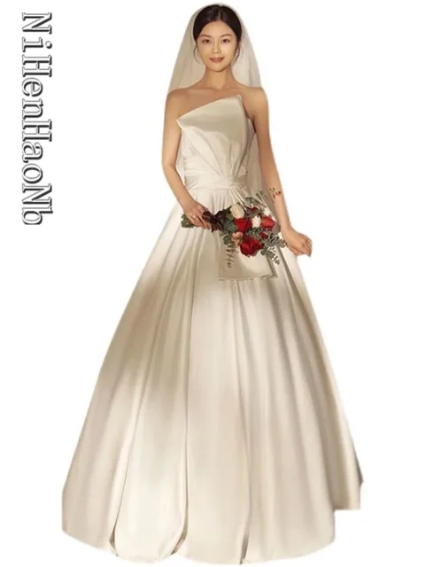 [오케이나우ㅣ강추] 화이트 섹시 튜브톱 새틴 신부 민소매 웨딩 드레스, 긴 웨딩 신부 드레스 [오케이나우ㅣ추천]