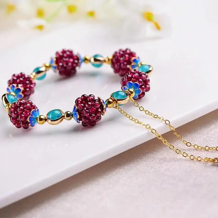 1 Pcs Ethnic Style Natural Pomegranate Flower Ball Bracelet Earrings Sweater Chain With Tianhe Stone Cloisonn É Bracelet