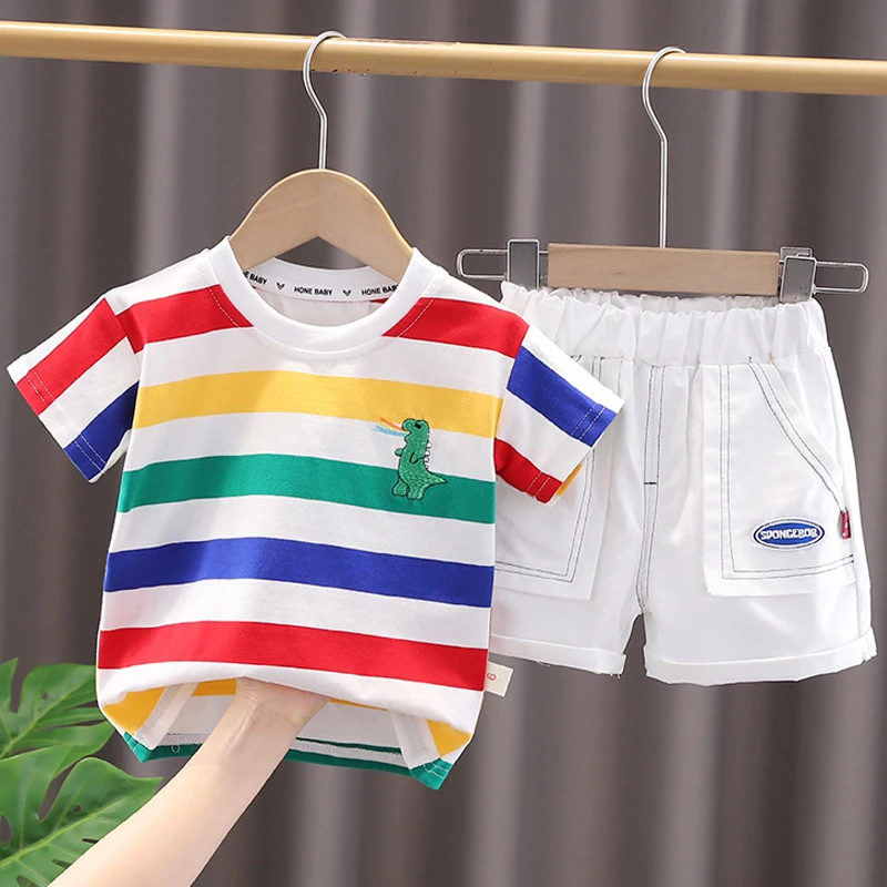 LJW 2022 Cartoon infant Suits Baby Clothing Set for Boys Girls Cute Summer Casual Clothes Set Striped Top+Shorts Kids Clothes Baby Clothing Set near me Baby Clothing Set