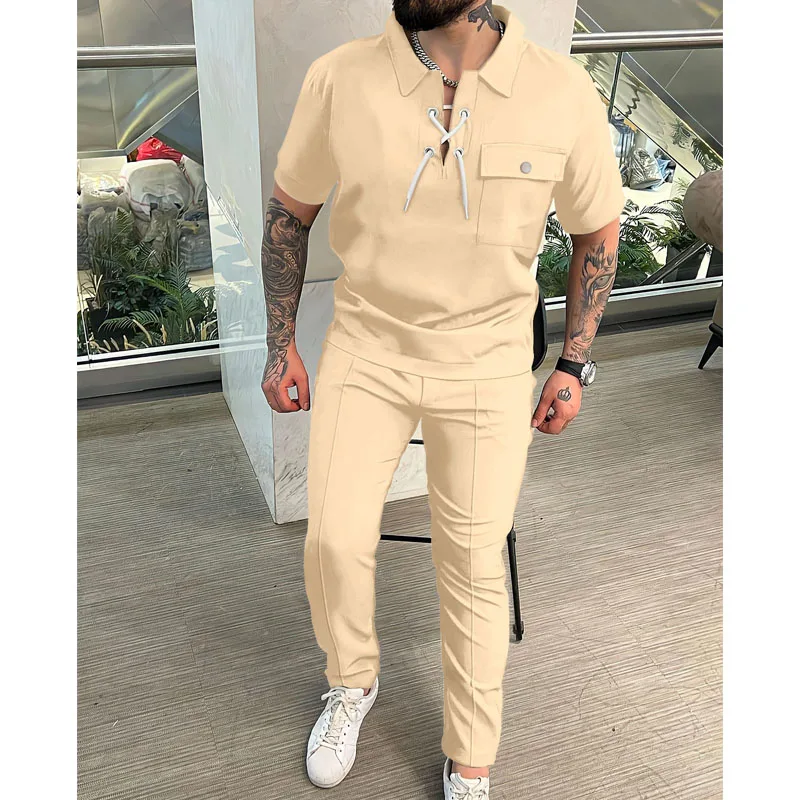 

Men's Pants Suit Casual T-shirt Short Sleeve + Pants Two Sets Hip Hop Personality Men's Sports Pants Suit Polo Shirt Pants Suit