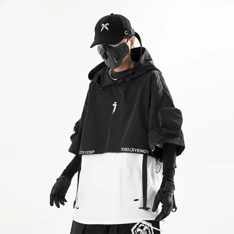 2024 Hip Hop Punk Techwear Short Jacket Hooded Cloak Men Women Multi Pockets Functional Pullover Jacket Street Casual Coat 5