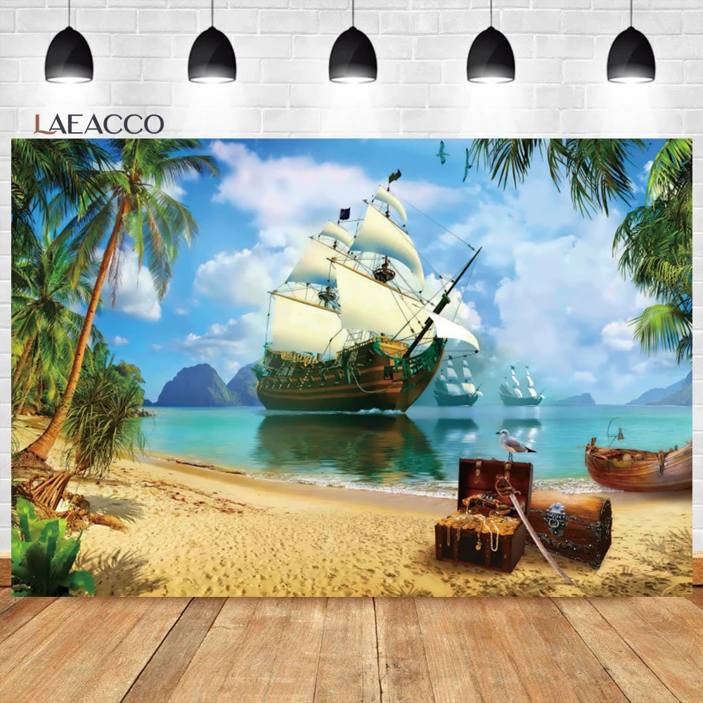Birthday Photography Backdrops Pirate Ship Treasure Map Fishes Skull Baby Shower Backgrounds Newborn Photozone