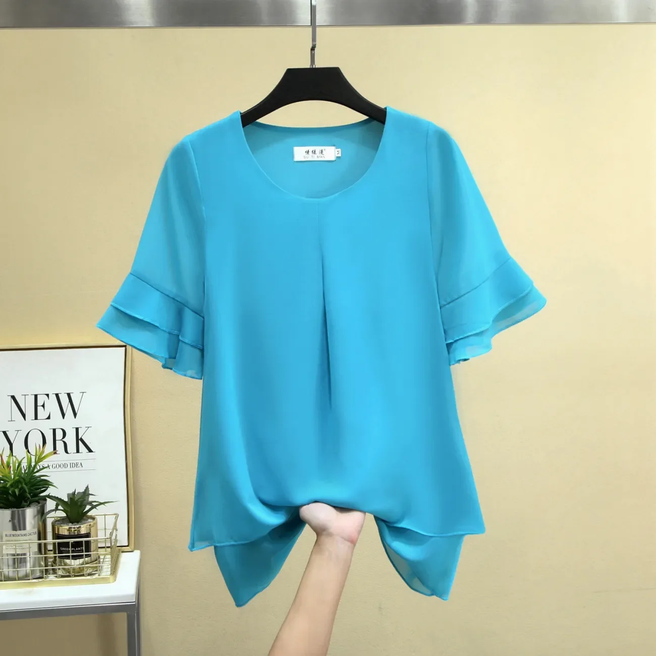 2024 Spring/summer New Ocean Style Niche Design Short-sleeved Blouse Large Size Thin Mid-sleeved Chiffon Shirt for Ladies Tops