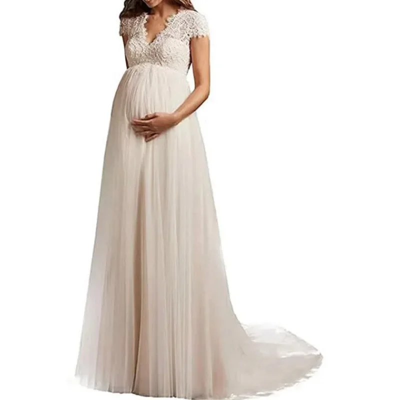 

Women's Lace Maternity Photography Dress Elegant Short Sleeve Empire Waist Maxi Gown V Neck Bridesmaid Formal Dresses Wedding