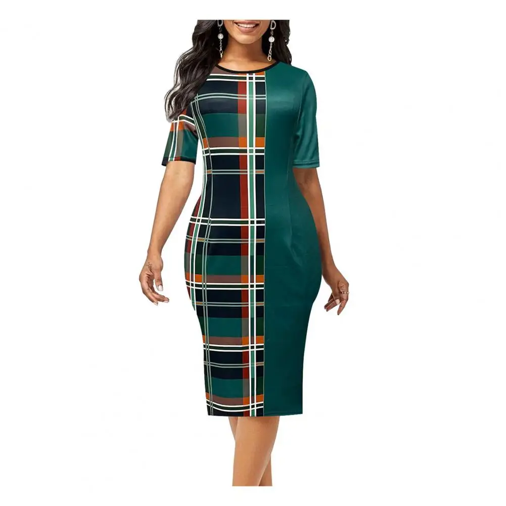 

Symmetrical Design Dress Elegant Women's Office Lady Dress with Symmetrical Patchwork Print Slim Fit Hip Wrap Short for Work