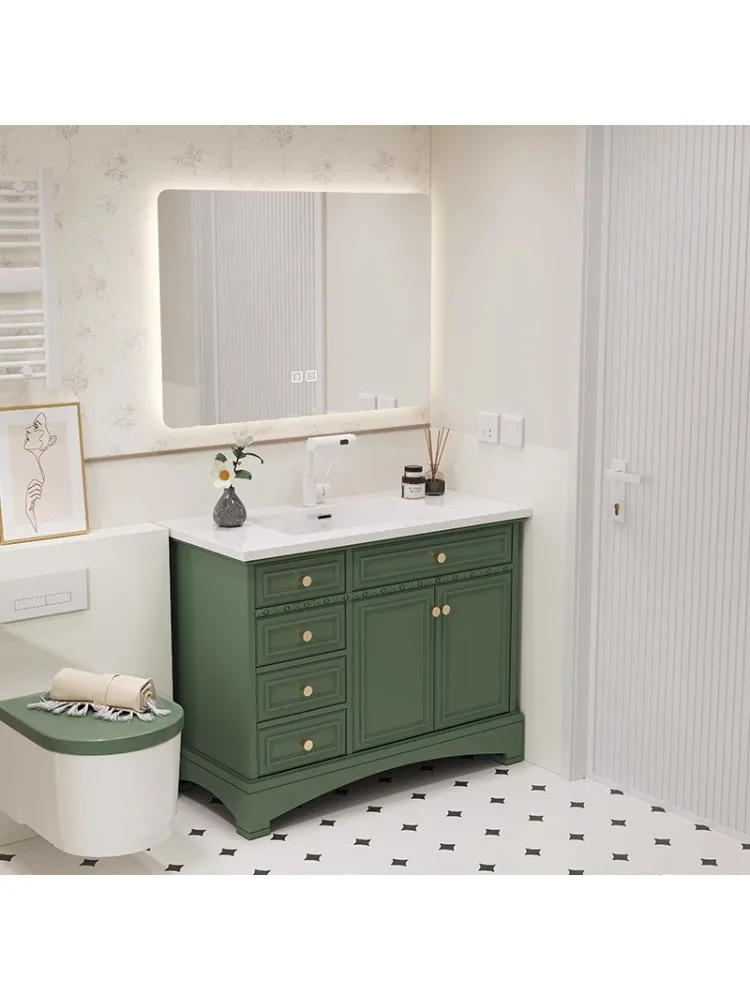 Solid wood paint dark green bathroom cabinet rock slab ceramic integrated basin floor-to-ceiling washstand