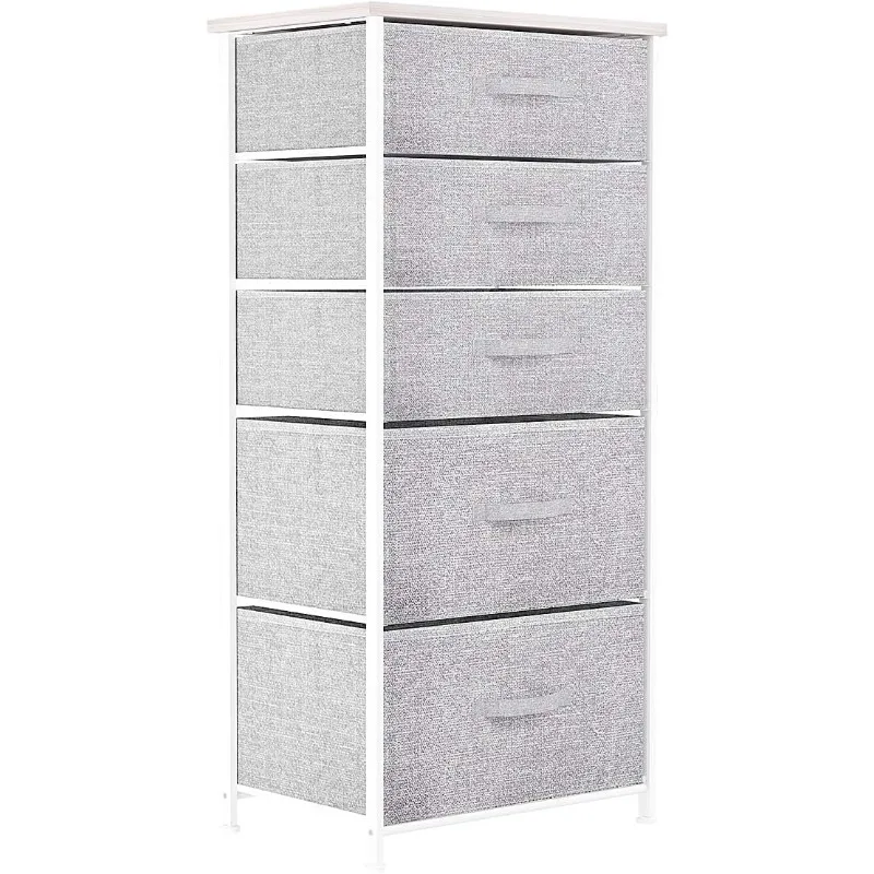 

Tall5Drawer Dresser-Fabric Storage Tower, Closets Nursery, Sturdy Steel Frame, Wooden Top Easy Pull Fabric Bins Light,Grey