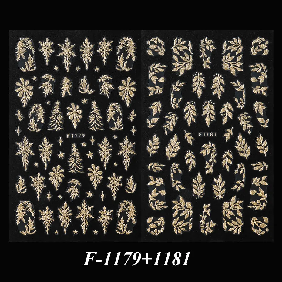 2 Stück Goldene Glitzer-Blatt-Nagelaufkleber Glänzende Weihnachtsbäume Schneeflocken-Sliders Japanischer Winter Y2K Blätter Maniküre-Dekoration – Detail 7