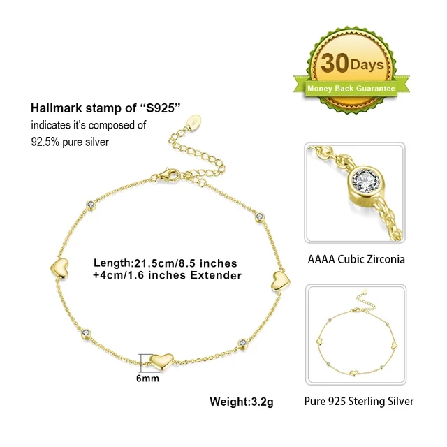 Real 925 Silver Anklets with Romantic Love Heart Adjustable Anklet Summer Beach Foot for Women Girls Jewelry