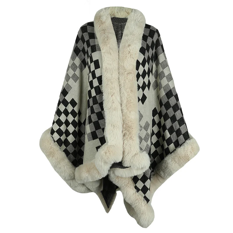 

New In Winter Rhombus Plaid Fur Collar Cape Coat For Women 2023 Thick Warm Cardigan Poncho Female Loose Shawl Cloak Overcoats