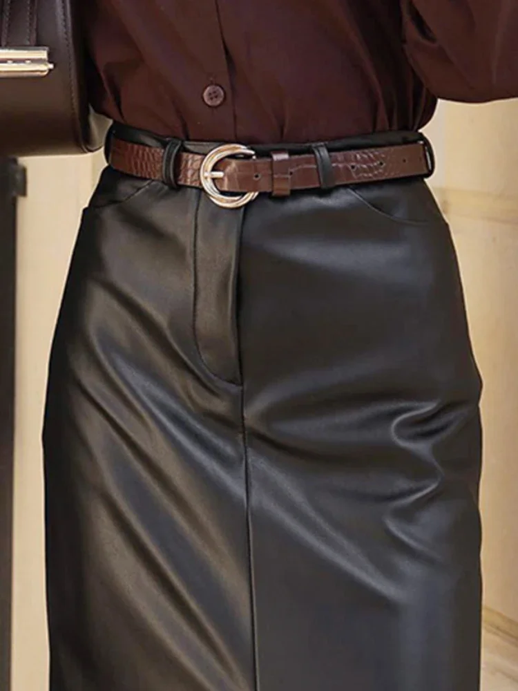 2024 New Trend Autumn Faux Leather Y2K Skirts Women Elegant Chic PU High Waist Straight Female Casual Sexy Black Slit Clothing