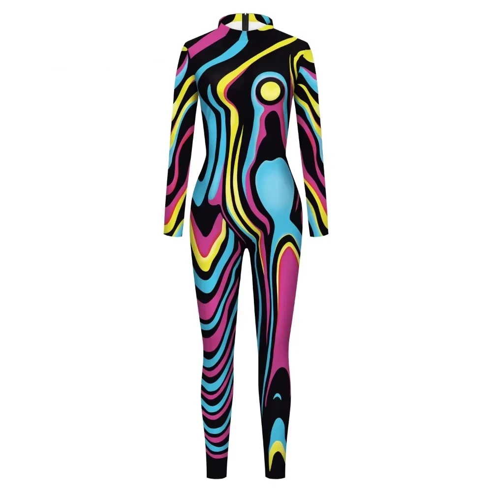 Artistic Colorful Halloween Rainbow Bodysuit Clothing Adult Women Printed Purim Cosplay Costume Long Sleeve Sexy Bodysuit Set
