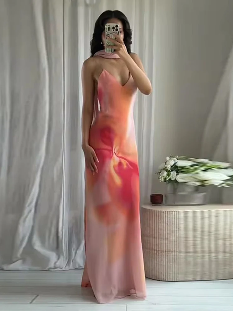 Elegant Tie-dye Gradient Print Sling Long Dress With Scarf Women Holiday Sleeveless Backless Evening Dress Summer 2025