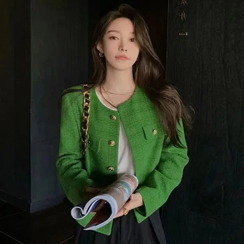 하이 퀄리티 템퍼러먼트 여성 패션 니치 숏 코트, 녹색 향기 코트, 한국 버전, 2024 용수철 가을 신상