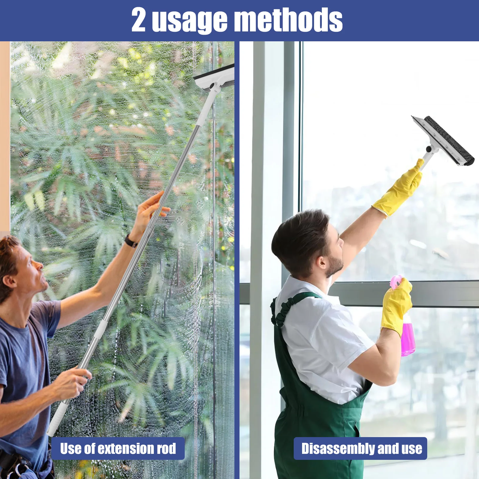 53 Inch Window Cleaner 2-in-1 Sponge Squeegee & Scrubber 180-Degree Rotatable Extendable Outdoor For Glass Mirror