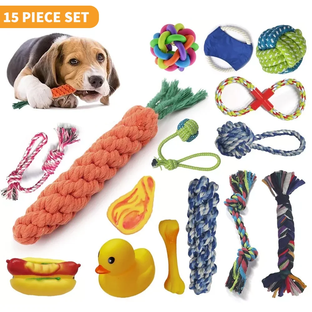 15pc Pet Knot Toy for Dog and Cat Carrot Shape Dog Chew Toys Cotton Rope Toys for Indoor Dogs Cat Toys Dog Accessories Durable Wear & Bite Resistance Boredom Relief Dog Toy