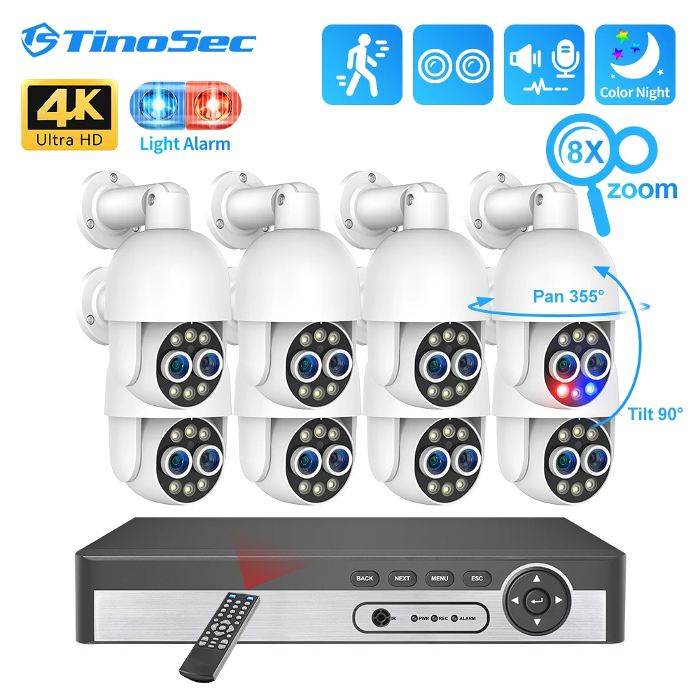 TinoSec H.265 8CH UHD 4K POE Security Camera System AI 4MP 5MP PTZ Camera CCTV Video Surveillance Kit Human Detect Auto Tracking tinosec 8ch 8mp wifi ip camera system dual lens wireless ptz camera kit two way audio night vision cctv video surveillance cam